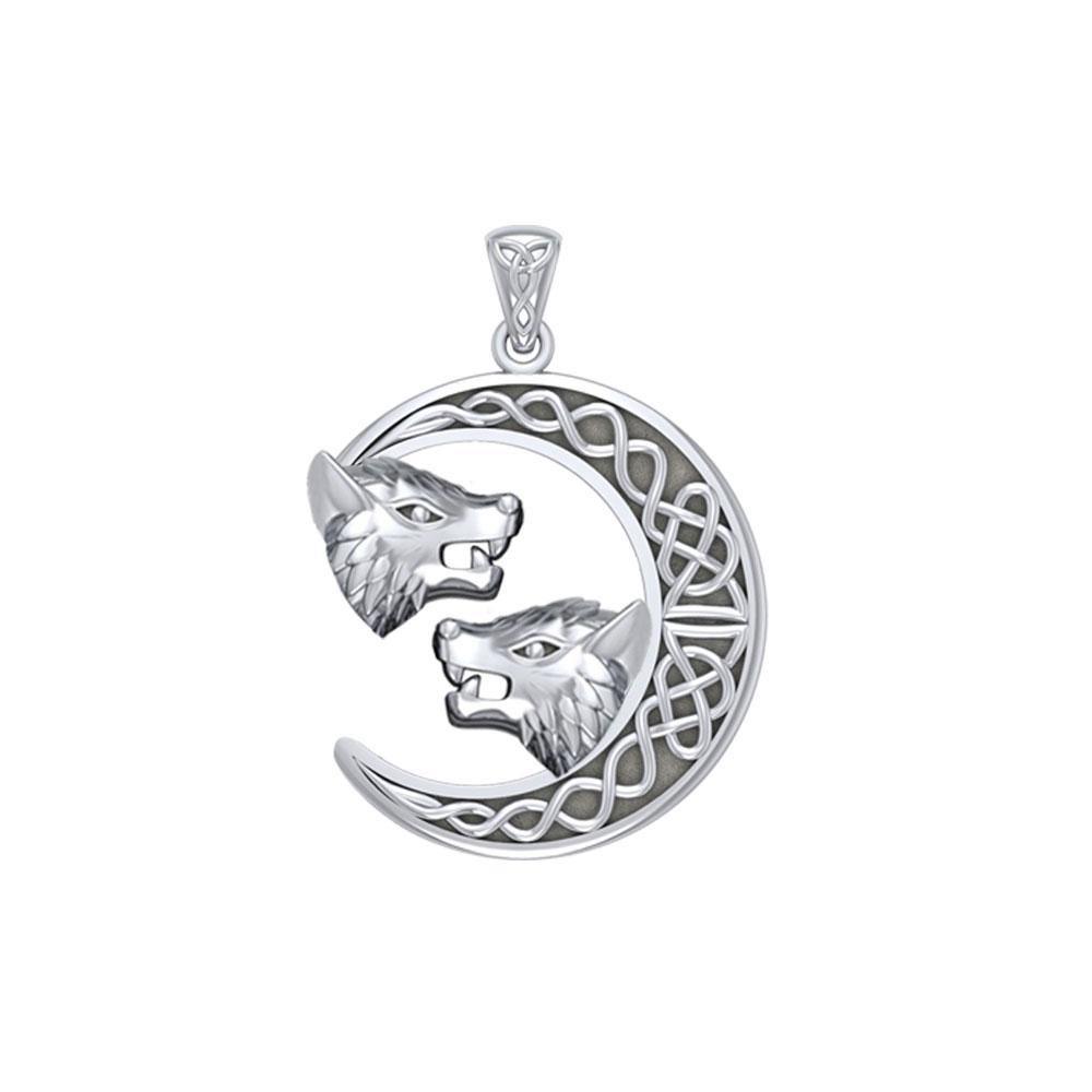 Double Wolf Heads with Celtic Crescent Moon Silver Pendant TPD5424 Pendant