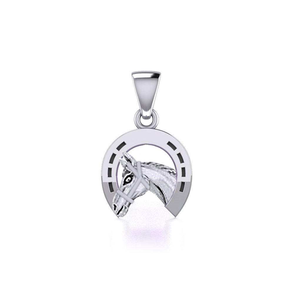 Horseshoe Equestrian Silver Pendant with Horse Head TPD5806 - Wholesale Jewelry