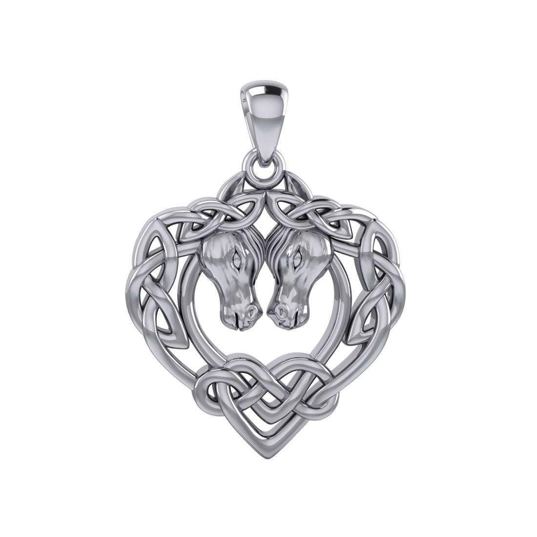 Double Horses in The Celtic Heart Silver Pendant TPD6027 - peterstone.dropshipping