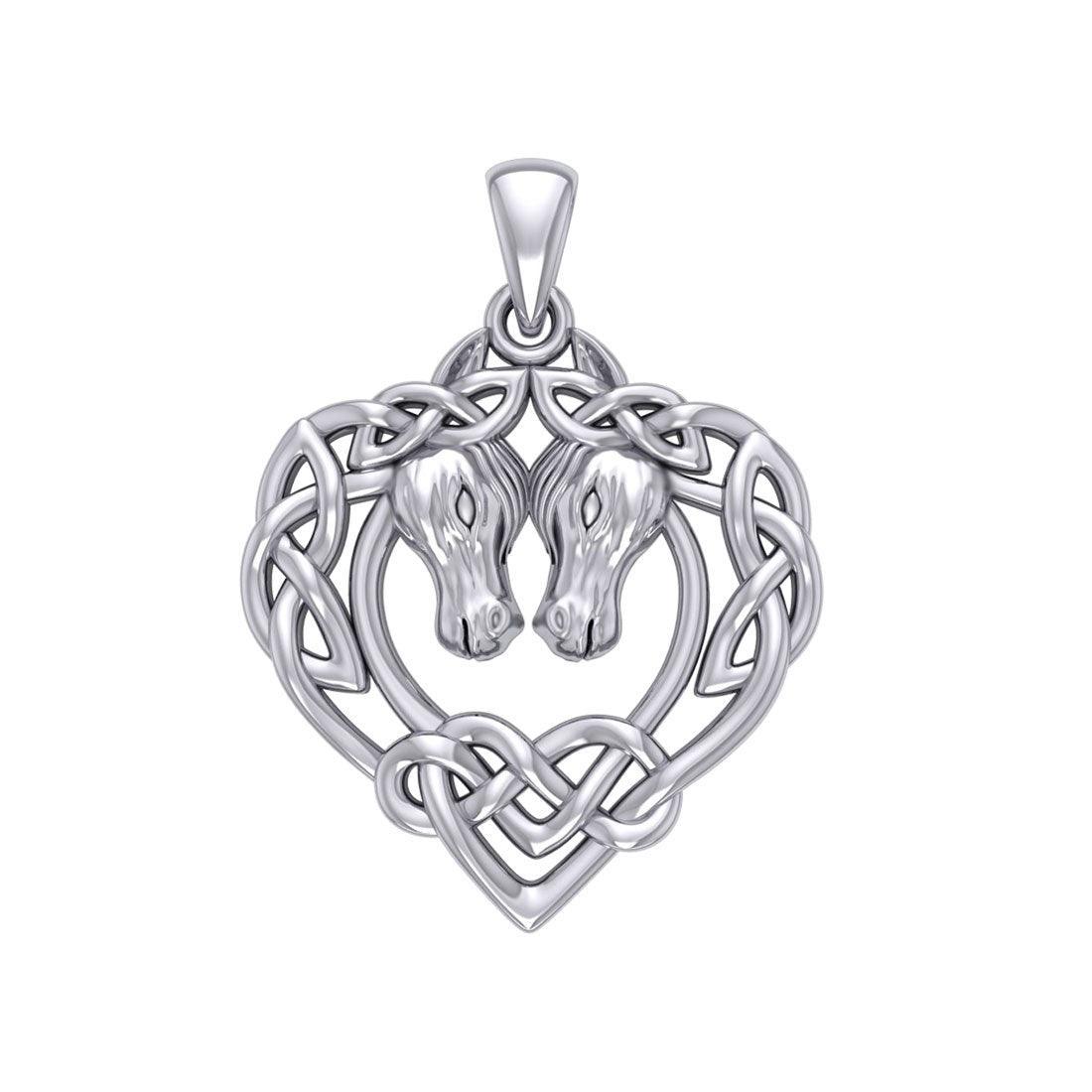 Double Horses in The Celtic Heart Silver Pendant TPD6027 - peterstone.dropshipping