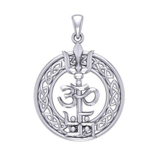 The Trishul Om Swastik Symbols Silver Pendant with Celtic Border TPD7001 - peterstone.dropshipping