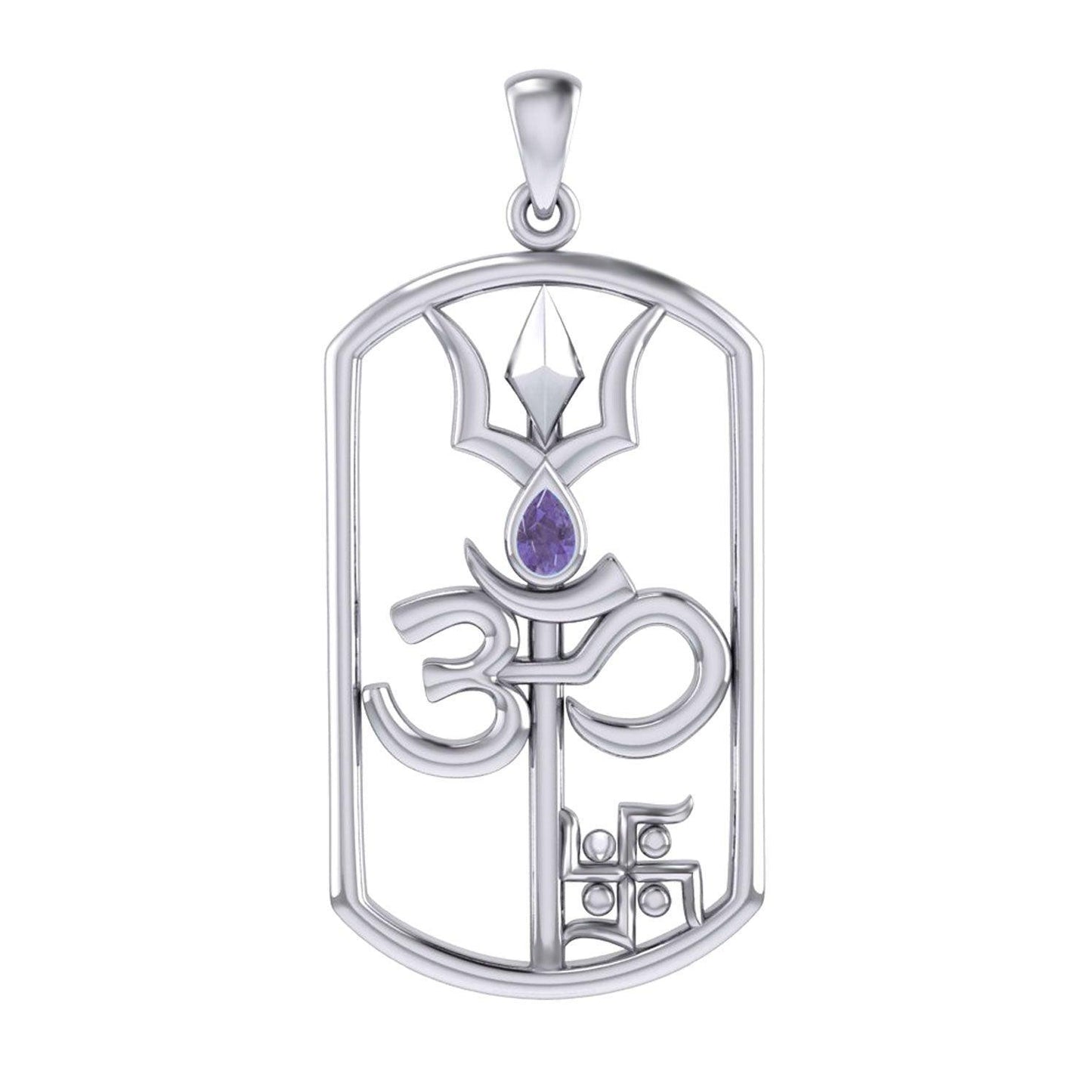 The Trishul Om Swastik Symbols Silver Pendant with Gemstone TPD7002 - peterstone.dropshipping