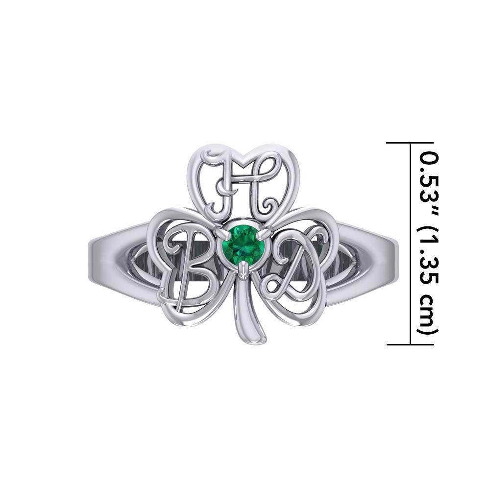 HBD Happy Birthday Monogramming Shamrock Clover Silver Gemstone Ring TRI1751 - peterstone.dropshipping