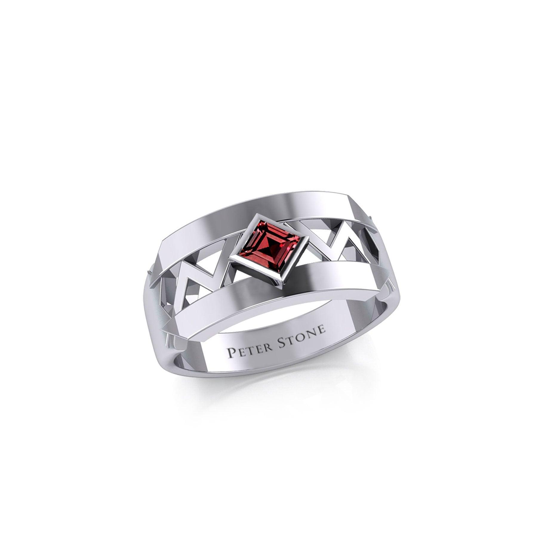 The Modern Zigzag Silver Band Ring with Square Gemstone NA Symbol TRI2438 - peterstone.dropshipping