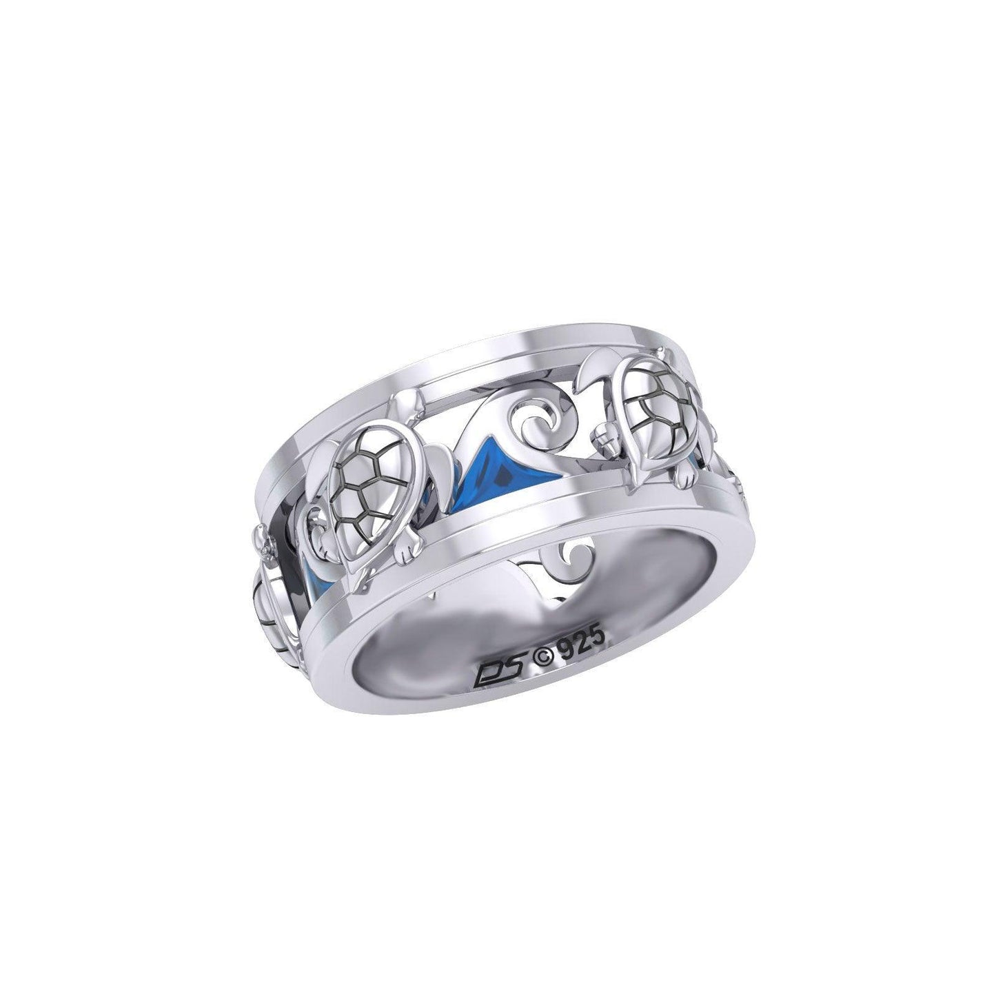 Sea Turtle and Blue Enamel Wave Silver Spinner Ring TRI2447 - peterstone.dropshipping