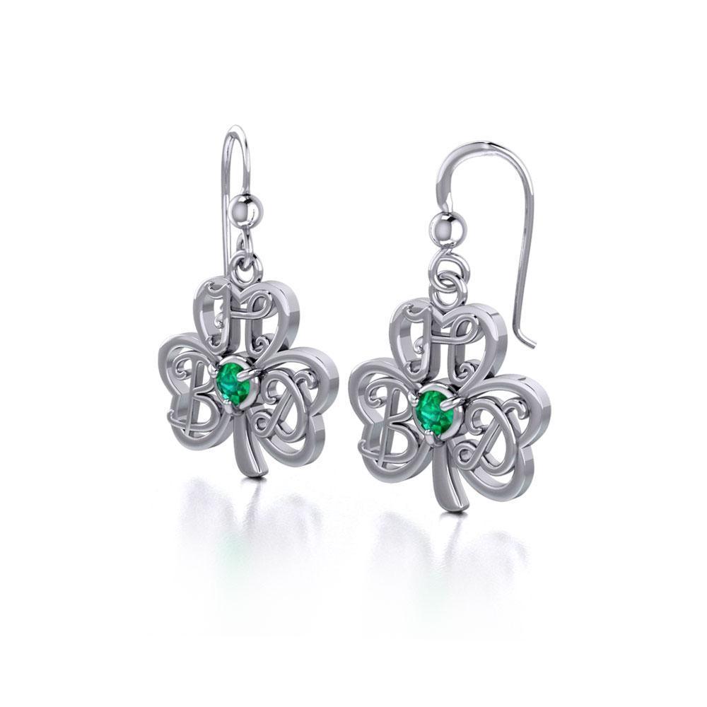 HBD Happy Birthday Monogramming Shamrock Clover Silver Gemstone Earrings TER1721 Earrings