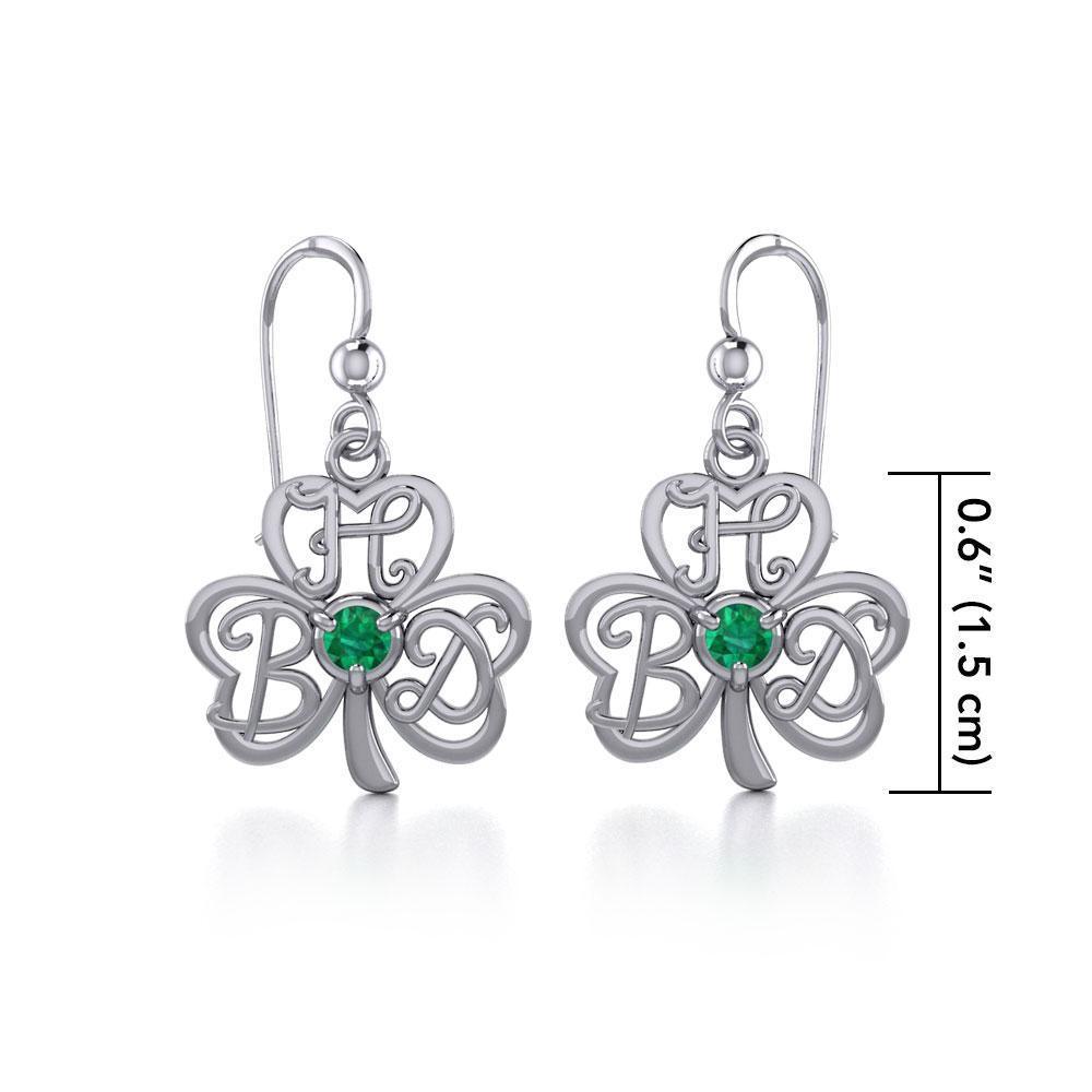 HBD Happy Birthday Monogramming Shamrock Clover Silver Gemstone Earrings TER1721 Earrings